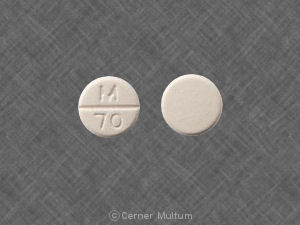 White Round pill with imprint M;70 — Clorazepate dipotassium Clorazepate dipotassium 15 mg; (view 2)